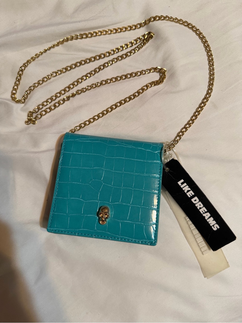 Turquoise Croc-Embossed Mini Crossbody Bag with Gold Chain